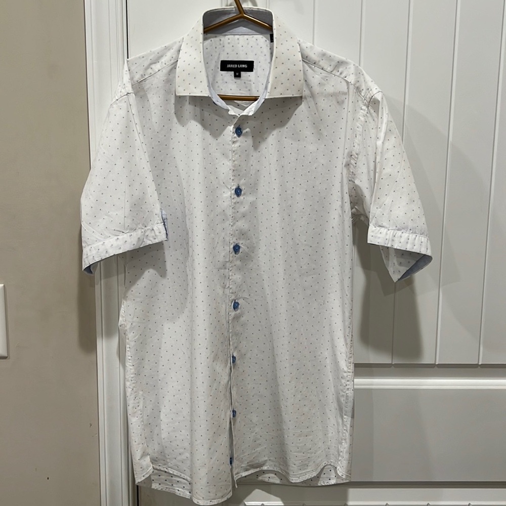 Jared Lang Men’s White Short Sleeve Blue Diamond Design Button Down Shirt Sz M